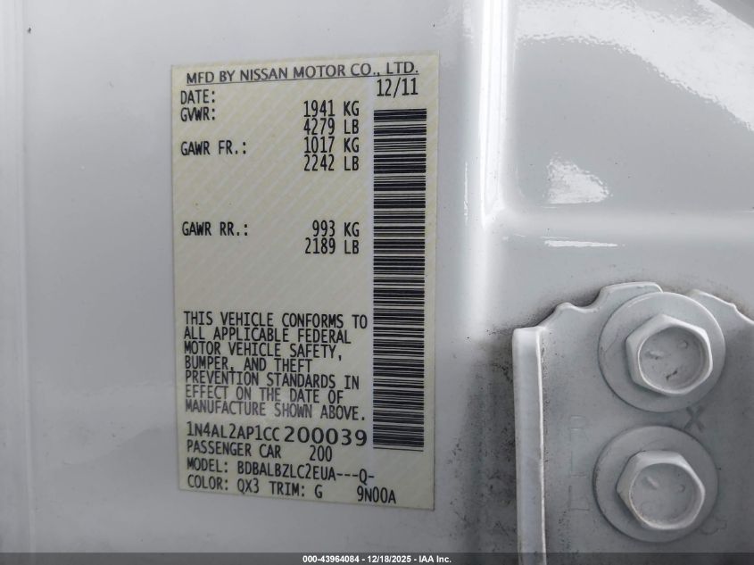 2012 Nissan Altima 2.5 S VIN: 1N4AL2AP1CC200039 Lot: 43964084