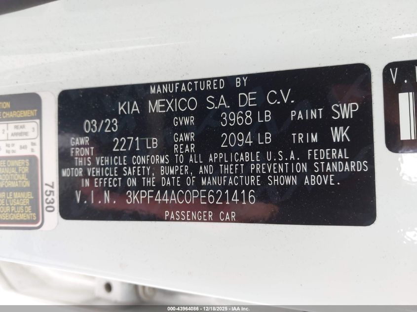 2023 Kia Forte Gt VIN: 3KPF44AC0PE621416 Lot: 43964086