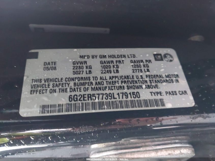 2009 Pontiac G8 VIN: 6G2ER57739L179150 Lot: 43964087
