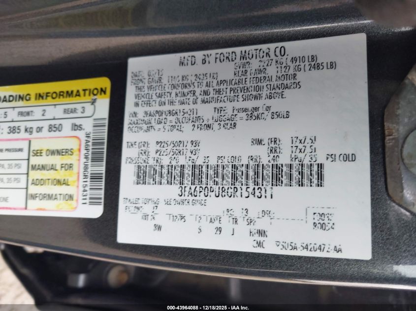 2016 Ford Fusion Energi Se Luxury VIN: 3FA6P0PU8GR154311 Lot: 43964088