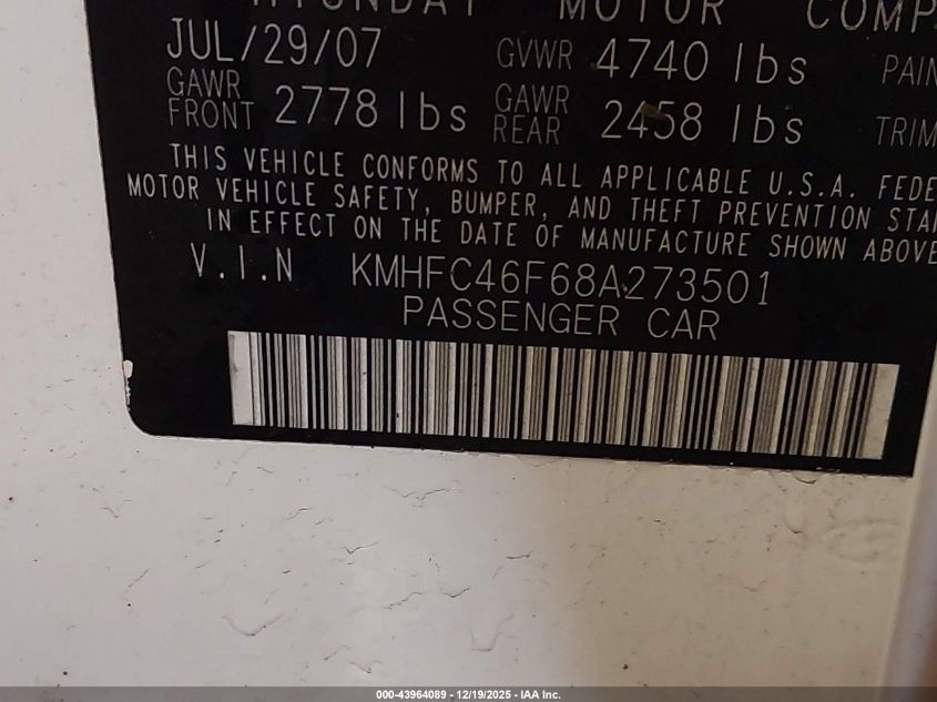 2008 Hyundai Azera Limited VIN: KMHFC46F68A273501 Lot: 43964089