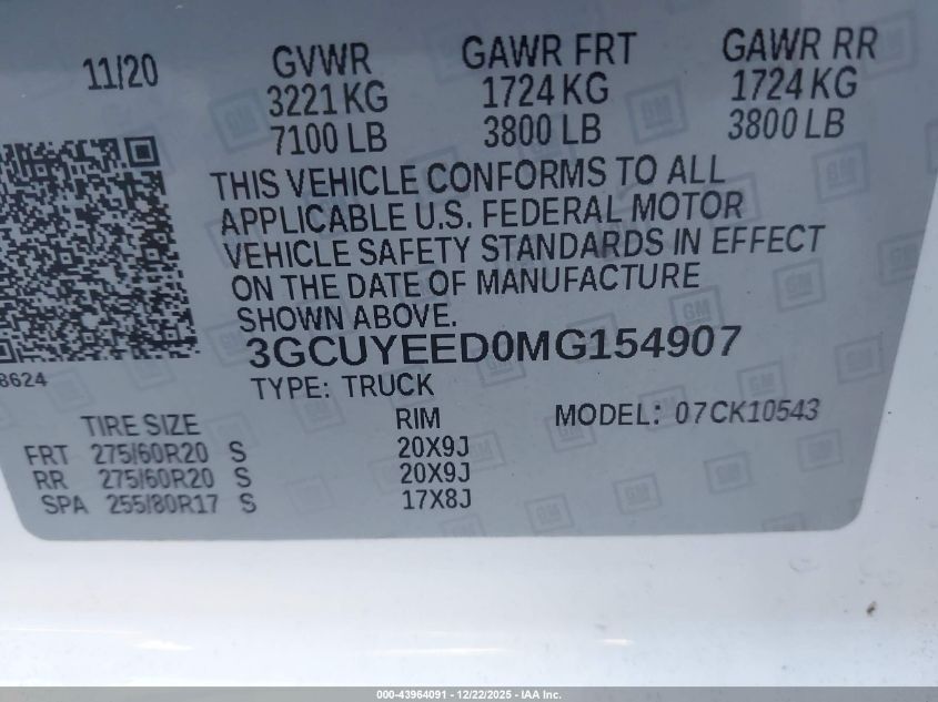 2021 Chevrolet Silverado 1500 4Wd Short Bed Rst VIN: 3GCUYEED0MG154907 Lot: 43964091