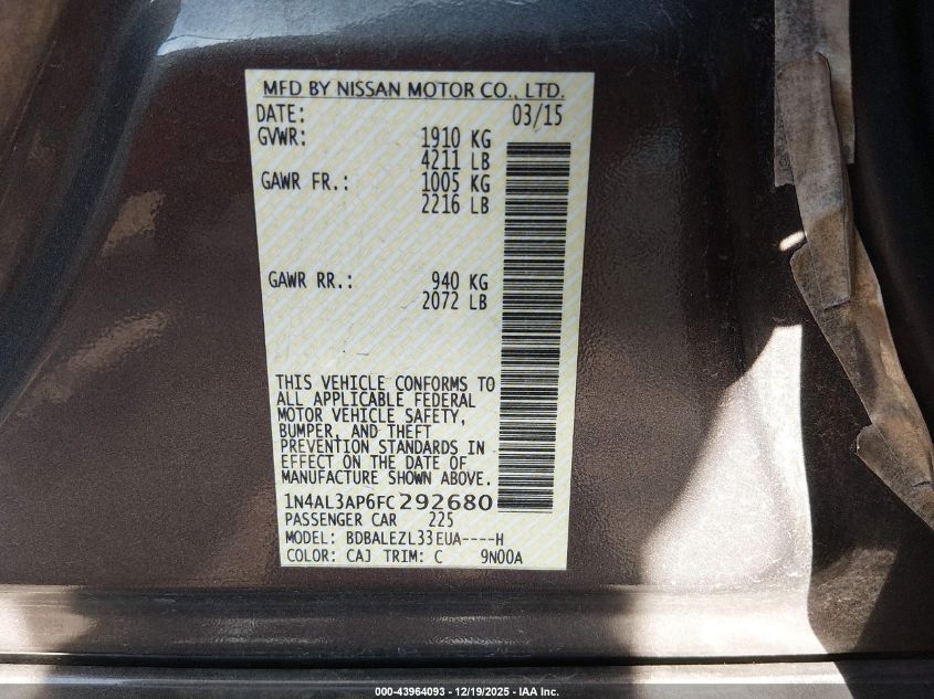 2015 Nissan Altima 2.5 S VIN: 1N4AL3AP6FC292680 Lot: 43964093