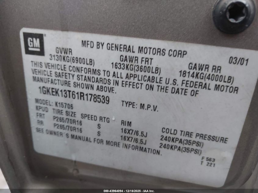 2001 GMC Yukon Slt VIN: 1GKEK13T61R178539 Lot: 43964094