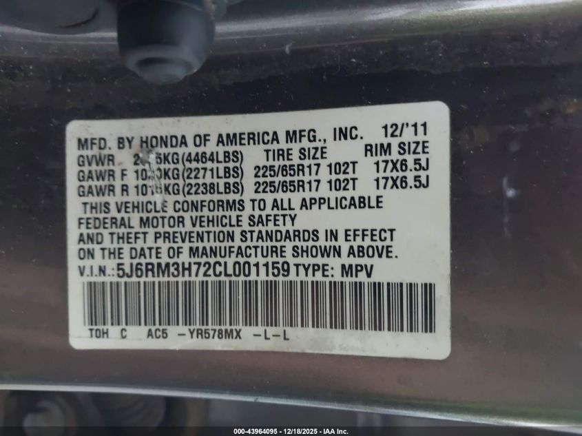 2012 Honda Cr-V Ex-L VIN: 5J6RM3H72CL001159 Lot: 43964095