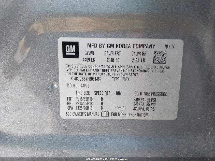 2015 Buick Encore Leather VIN: KL4CJGSB7FB051469 Lot: 43964099