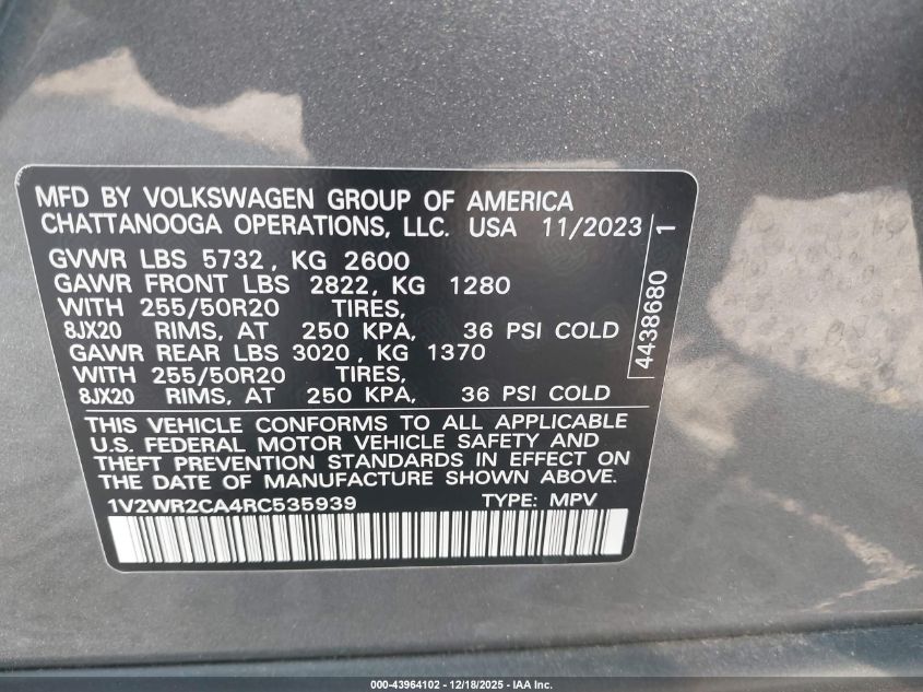 2024 Volkswagen Atlas 2.0T Se W/Technology VIN: 1V2WR2CA4RC535939 Lot: 43964102