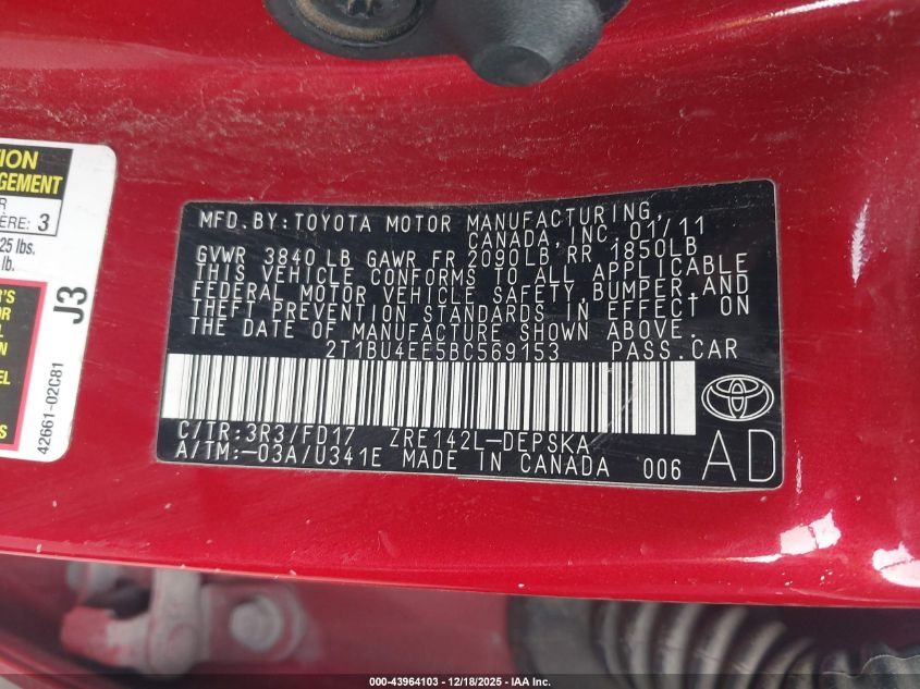 2011 Toyota Corolla S VIN: 2T1BU4EE5BC569153 Lot: 43964103