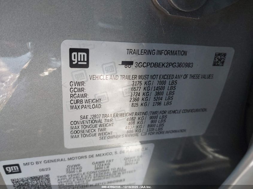 2023 Chevrolet Silverado 1500 4Wd Short Bed Custom VIN: 3GCPDBEK2PG360983 Lot: 43964105