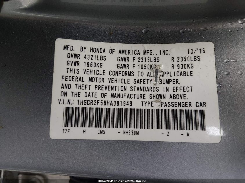 2017 Honda Accord Sport VIN: 1HGCR2F56HA081949 Lot: 43964107