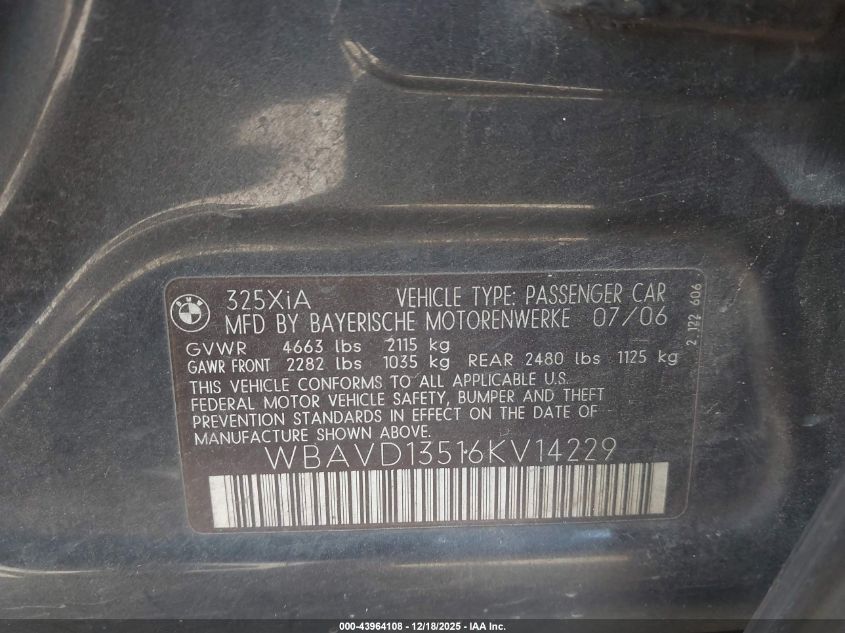 2006 BMW 325Xi VIN: WBAVD13516KV14229 Lot: 43964108