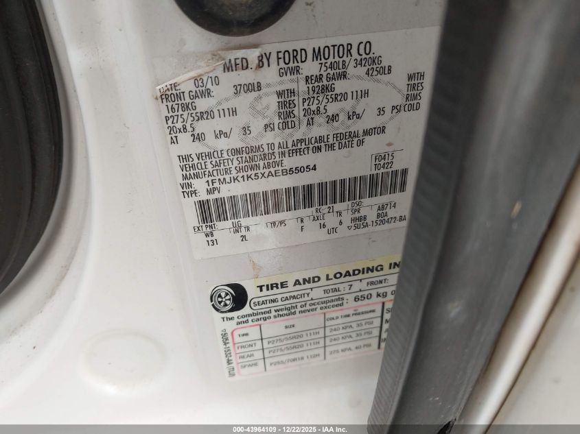 2010 Ford Expedition El Limited VIN: 1FMJK1K5XAEB55054 Lot: 43964109