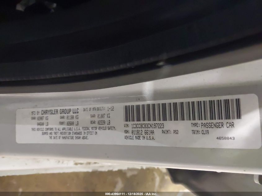 2012 Chrysler 200 Limited VIN: 1C3CCBCB3CN197223 Lot: 43964111