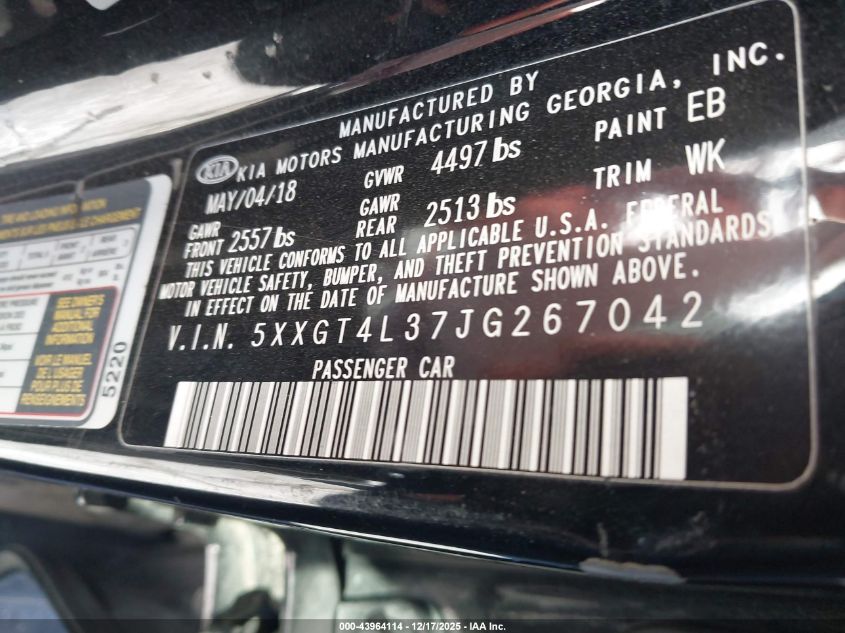 2018 Kia Optima Lx VIN: 5XXGT4L37JG267042 Lot: 43964114