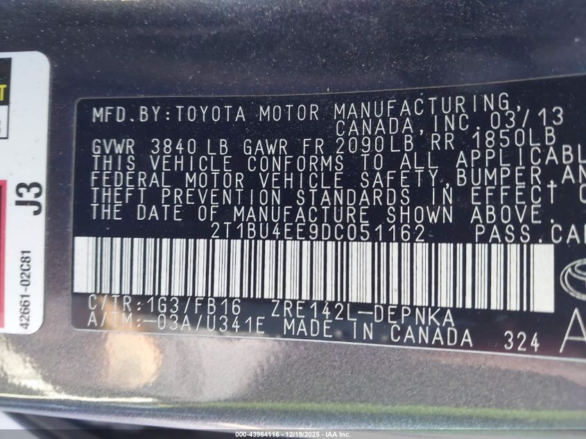 2013 Toyota Corolla Le VIN: 2T1BU4EE9DC051162 Lot: 43964116