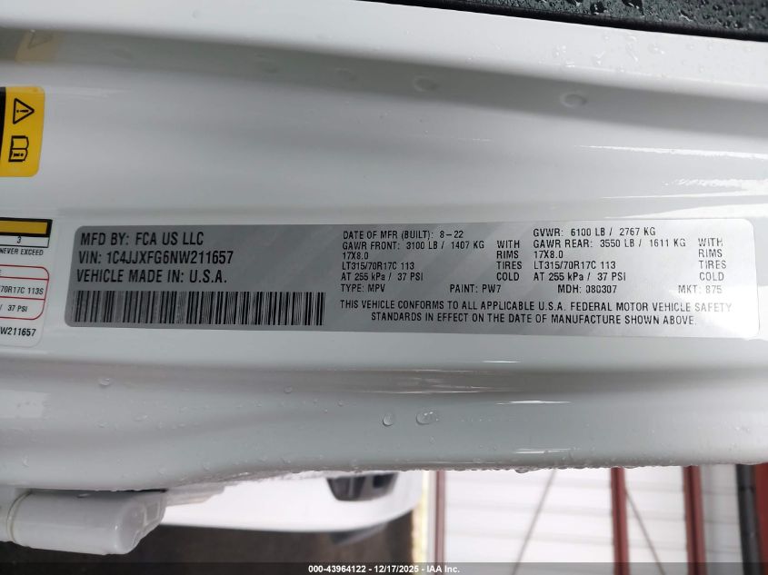 2022 Jeep Wrangler Unlimited Rubicon 4X4 VIN: 1C4JJXFG6NW211657 Lot: 43964122