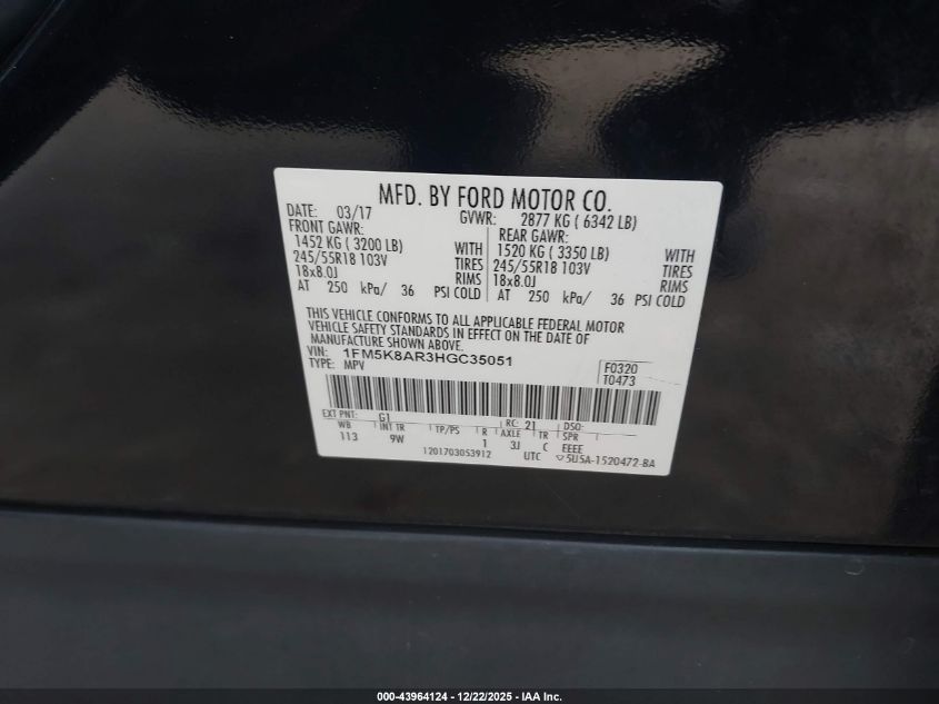 2017 Ford Utility Police Interceptor VIN: 1FM5K8AR3HGC35051 Lot: 43964124