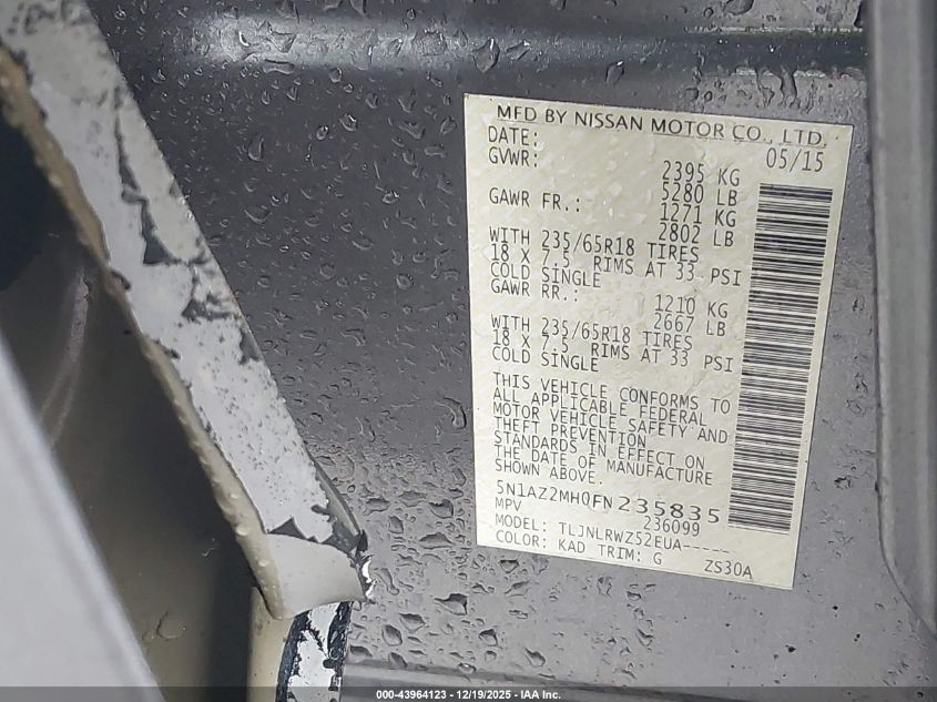 2015 Nissan Murano Sl VIN: 5N1AZ2MH0FN235835 Lot: 43964123