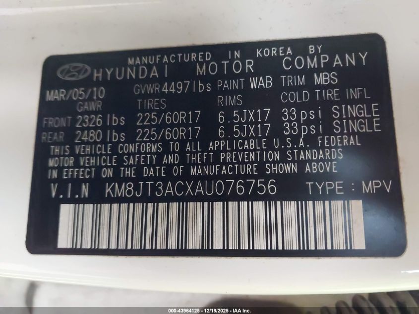 2010 Hyundai Tucson Gls VIN: KM8JT3ACXAU076756 Lot: 43964125