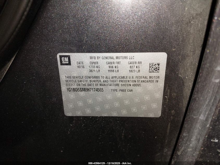 2017 Chevrolet Cruze Lt Manual VIN: 1G1BD5SM8H7174565 Lot: 43964129