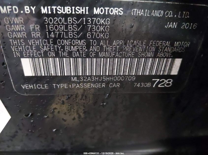 2017 Mitsubishi Mirage Es VIN: ML32A3HJ5HH000709 Lot: 43964131