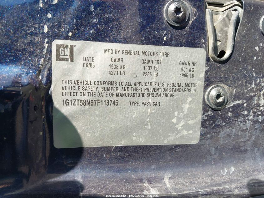 2007 Chevrolet Malibu Lt VIN: 1G1ZT58N57F113745 Lot: 43964132