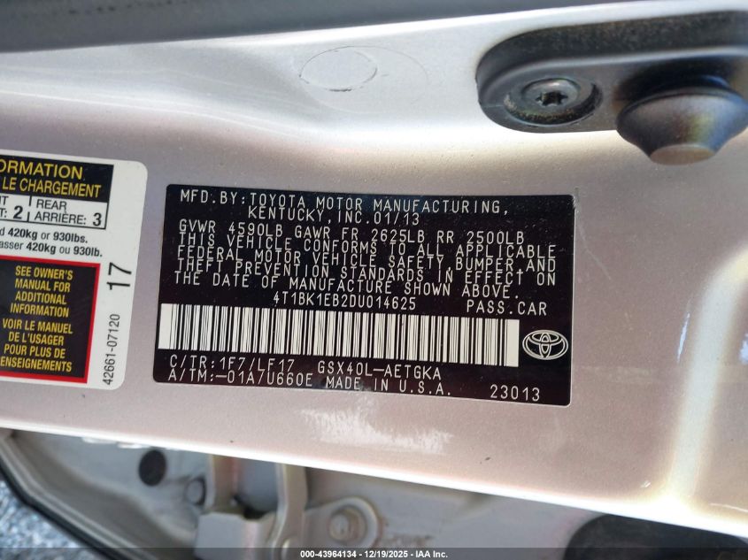 2013 Toyota Avalon Xle Premium VIN: 4T1BK1EB2DU014625 Lot: 43964134
