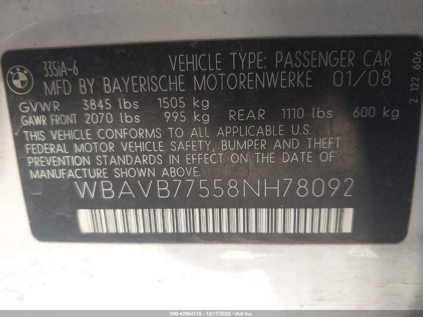 2008 BMW 335I VIN: WBAVB77558NH78092 Lot: 43964135