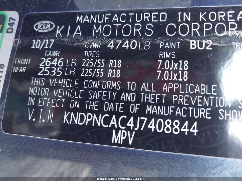 2018 Kia Sportage Ex VIN: KNDPNCAC4J7408844 Lot: 43964138