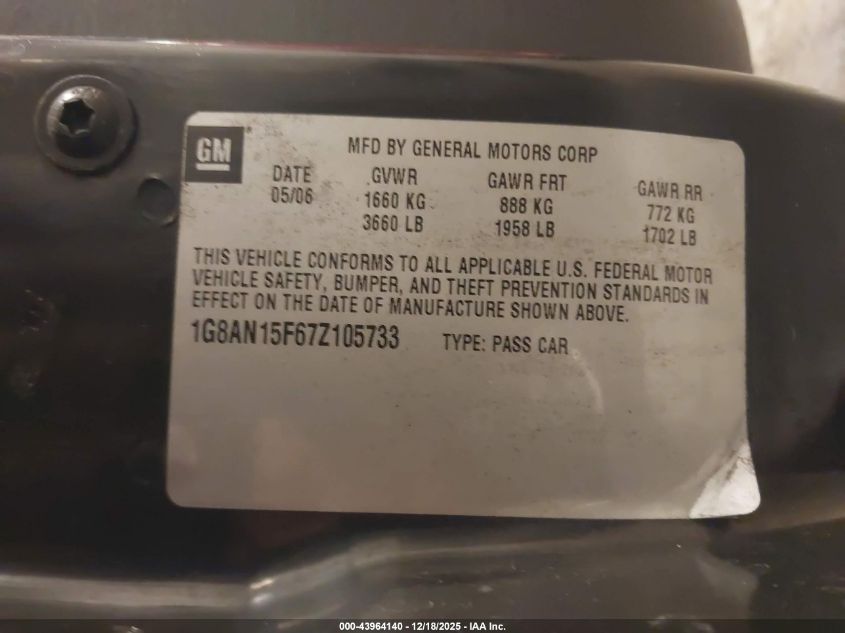 2007 Saturn Ion 2 VIN: 1G8AN15F67Z105733 Lot: 43964140