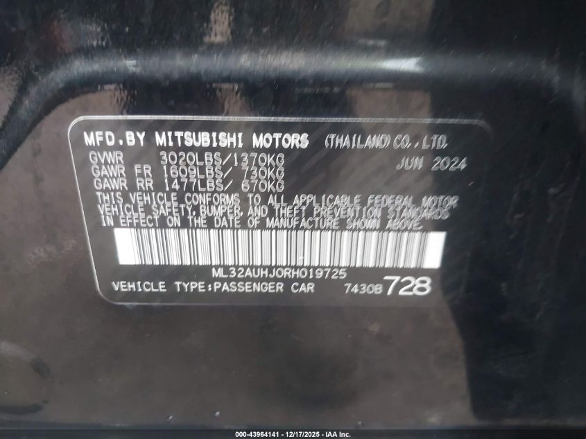 2024 Mitsubishi Mirage Es/Le VIN: ML32AUHJ0RH019725 Lot: 43964141