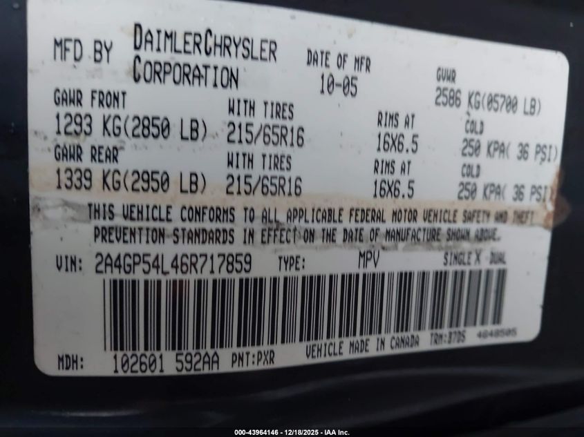 2006 Chrysler Town & Country Touring VIN: 2A4GP54L46R717859 Lot: 43964146