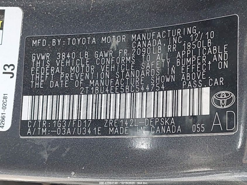 2011 Toyota Corolla S VIN: 2T1BU4EE5BC544754 Lot: 43964148