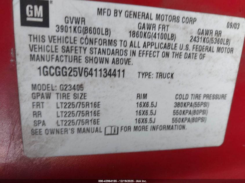 2004 Chevrolet Express VIN: 1GCGG25V641134411 Lot: 43964155