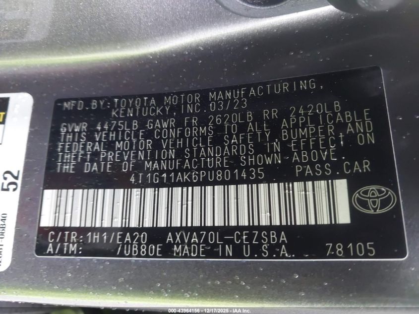 2023 Toyota Camry Se VIN: 4T1G11AK6PU801435 Lot: 43964156