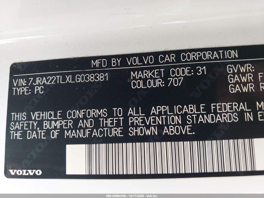 2020 Volvo S60 T6 Inscription VIN: 7JRA22TLXLG038381 Lot: 43964158