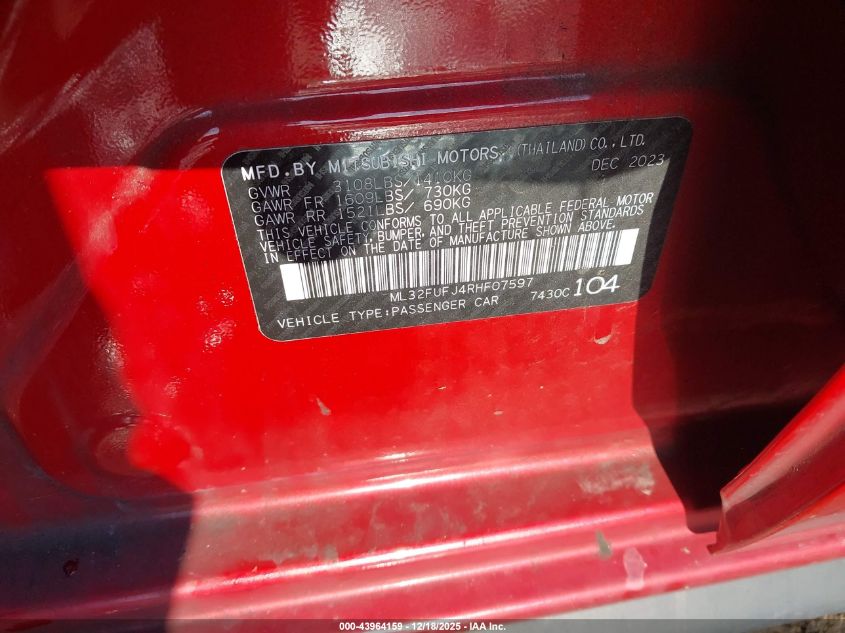2024 Mitsubishi Mirage G4 Le VIN: ML32FUFJ4RHF07597 Lot: 43964159