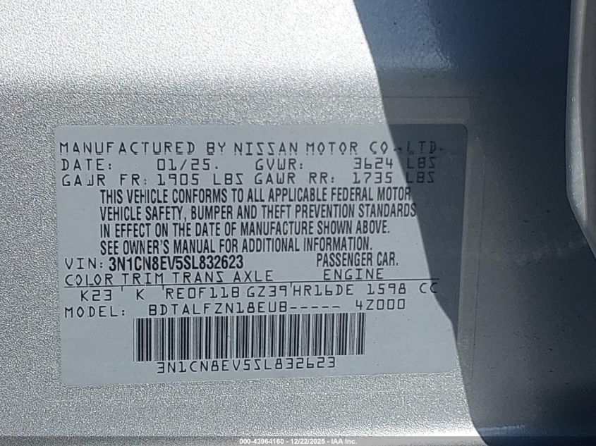 2025 Nissan Versa 1.6 Sv VIN: 3N1CN8EV5SL832623 Lot: 43964160