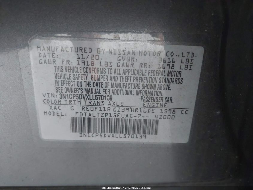 2020 Nissan Kicks Sr Xtronic Cvt VIN: 3N1CP5DVXLL570139 Lot: 43964162