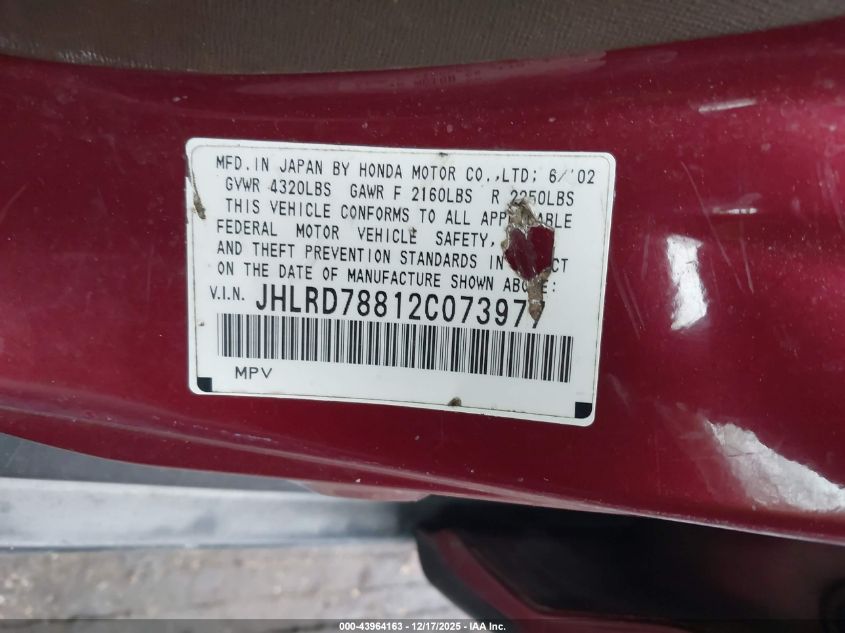 2002 Honda Cr-V Ex VIN: JHLRD78812C073977 Lot: 43964163