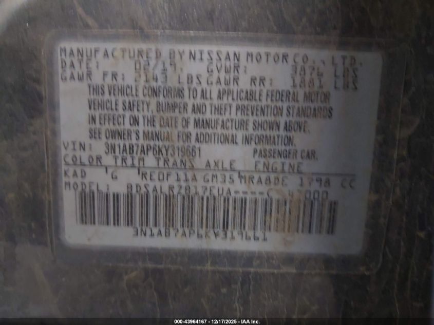 2019 Nissan Sentra Sr VIN: 3N1AB7AP6KY319661 Lot: 43964167