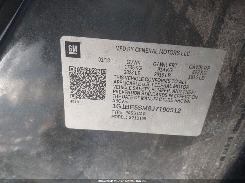 2018 Chevrolet Cruze Lt Auto VIN: 1G1BE5SM8J7190512 Lot: 43964171
