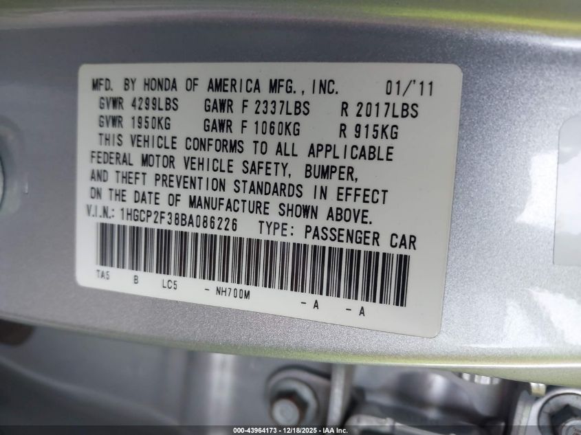 2011 Honda Accord 2.4 Lx VIN: 1HGCP2F38BA086226 Lot: 43964173