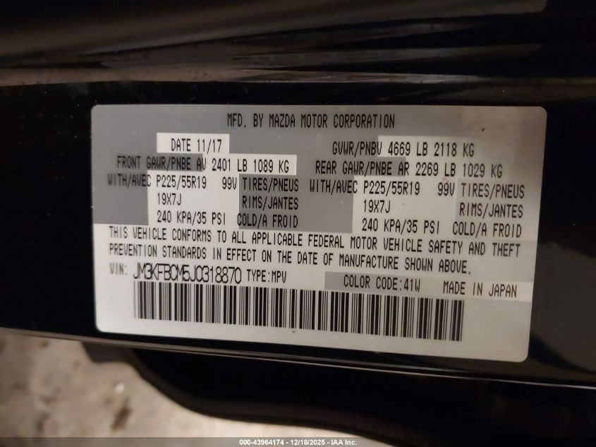 2018 Mazda Cx-5 Touring VIN: JM3KFBCM5J0318870 Lot: 43964174