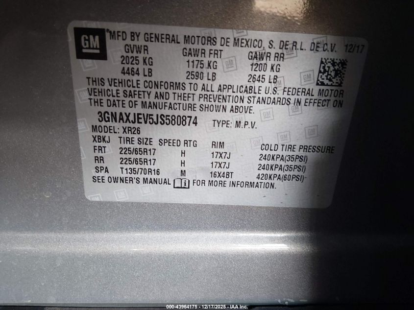 2018 Chevrolet Equinox Lt VIN: 3GNAXJEV5JS580874 Lot: 43964175