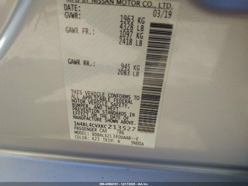 2019 Nissan Altima 2.5 Sr VIN: 1N4BL4CVXKC213527 Lot: 43964181