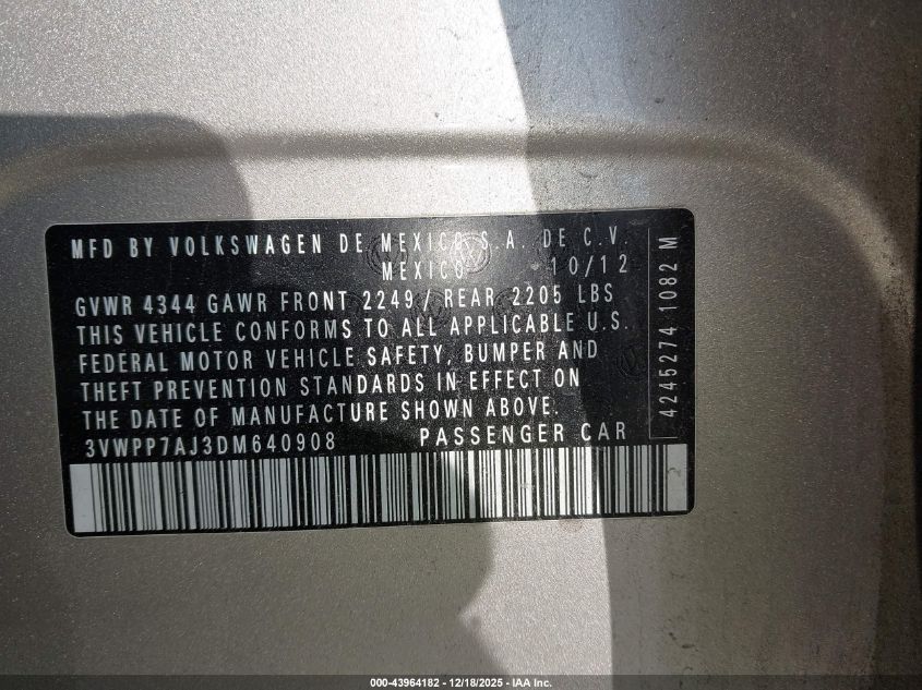2013 Volkswagen Jetta Sportwagen 2.5L S/2.5L Se VIN: 3VWPP7AJ3DM6409DB Lot: 43964182