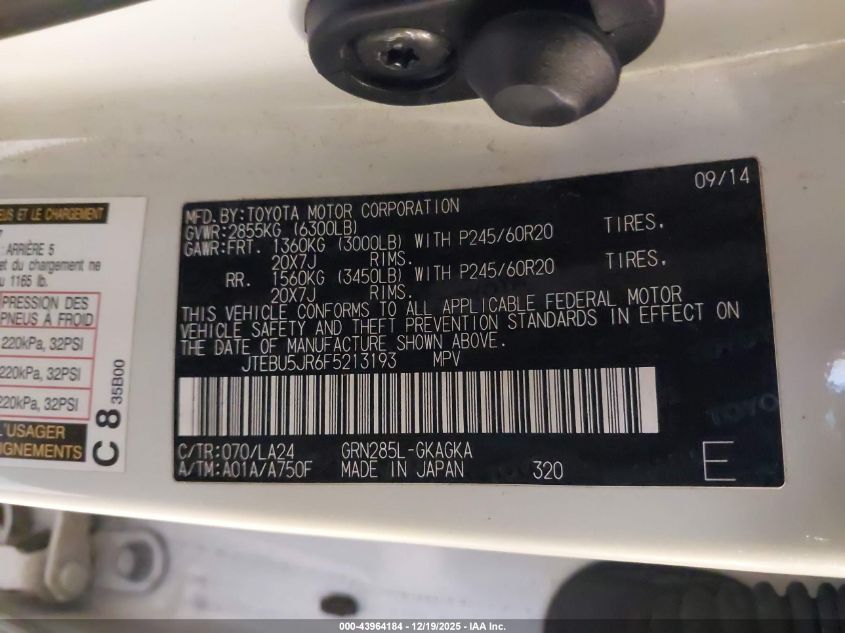 2015 Toyota 4Runner Limited VIN: JTEBU5JR6F5213193 Lot: 43964184