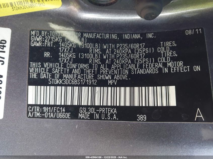 2011 Toyota Sienna Le V6 VIN: 5TDKK3DC6BS171912 Lot: 43964186