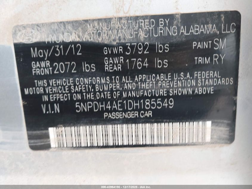 2013 Hyundai Elantra Limited VIN: 5NPDH4AE1DH185549 Lot: 43964190